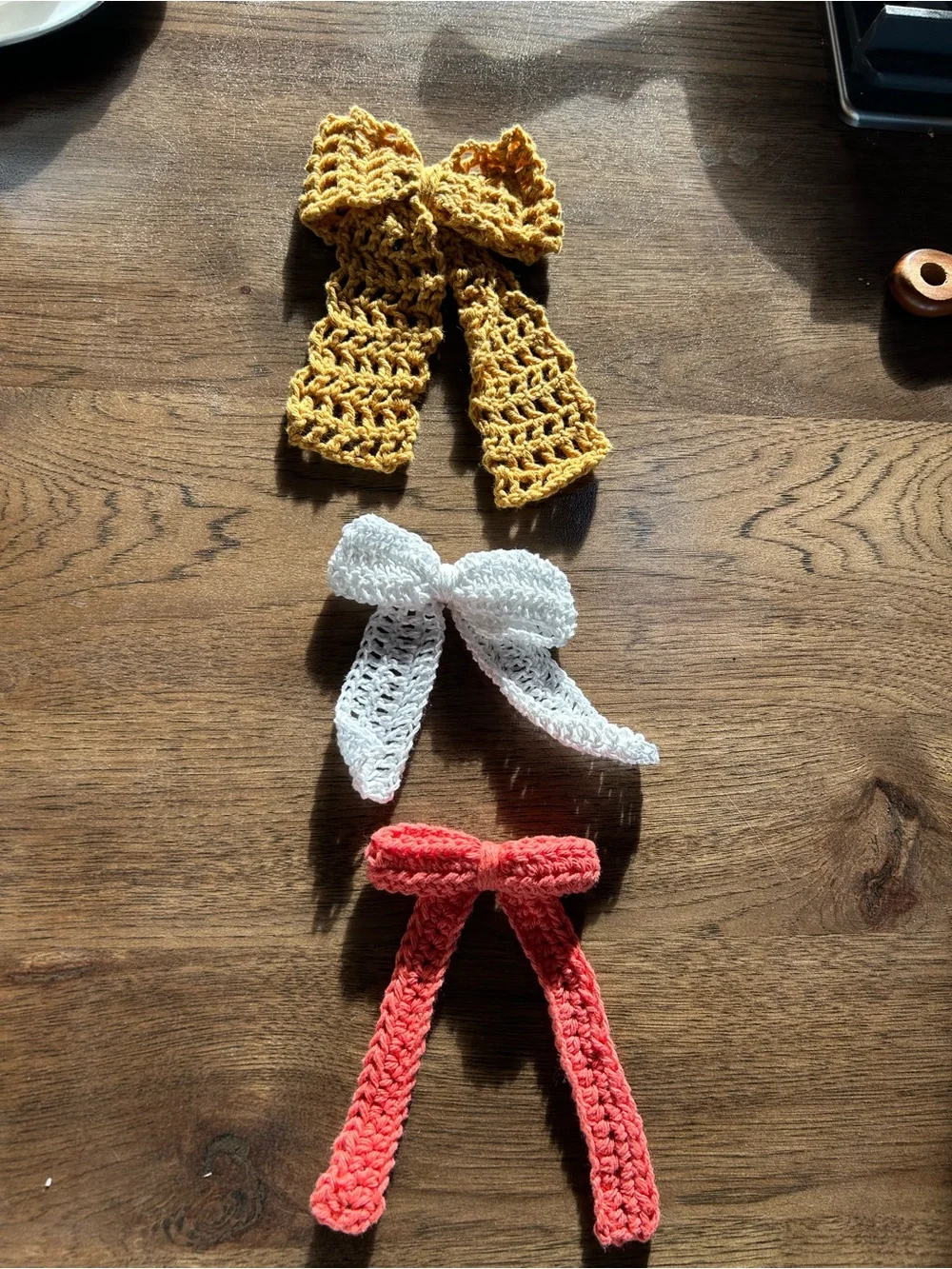 Crochet Bow Headband for Kids — Mustard, White & Coral